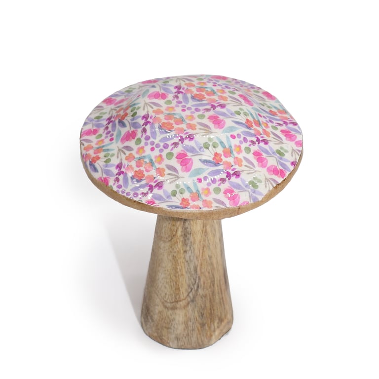 Small Wooden Mushroom - Pretty Floral Garden Decoration