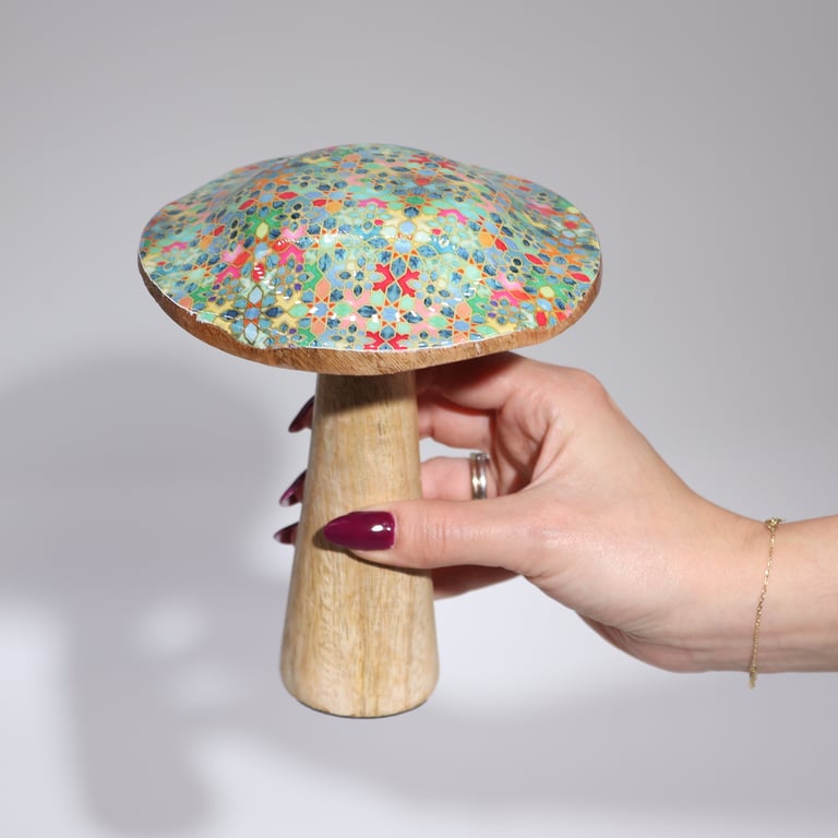 Rustic Wooden Mushroom Decor - Pretty Floral Med Wooden Mushroom