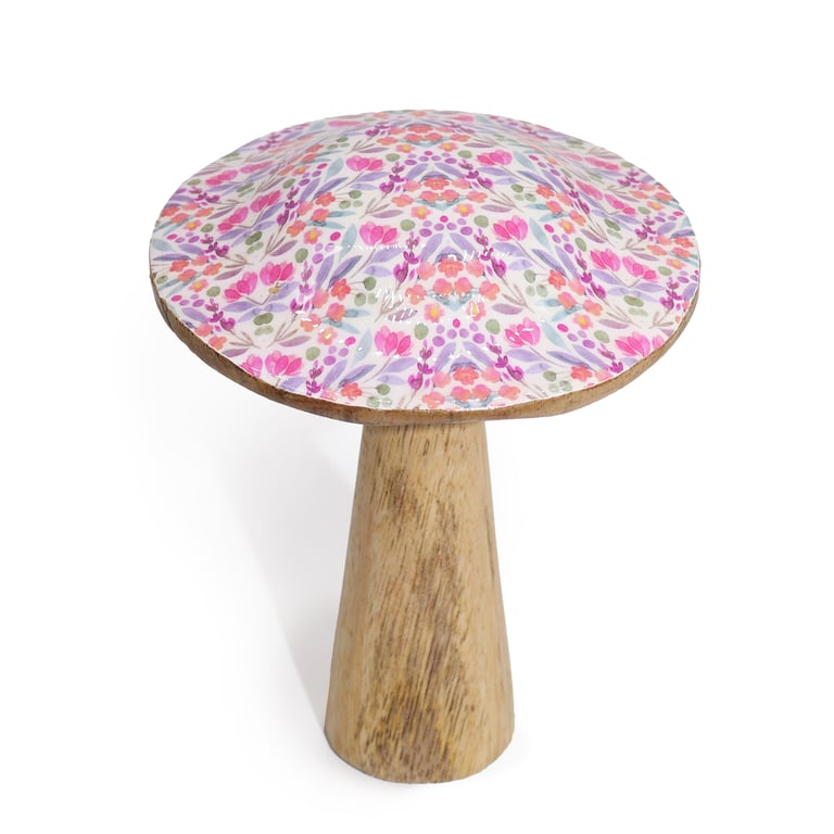 Rustic Wooden Mushroom Decor - Pretty Floral Med Wooden Mushroom