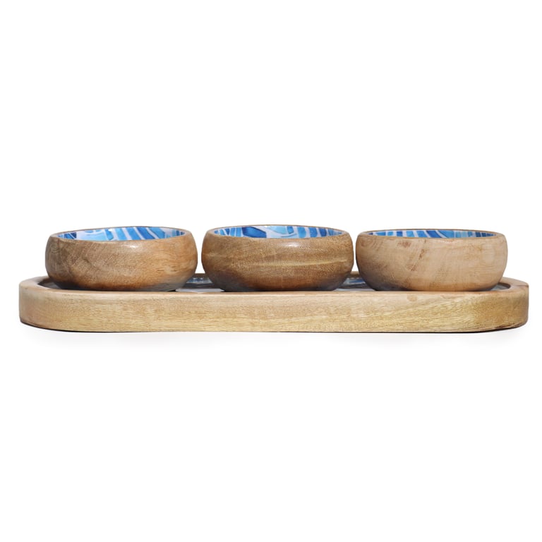 Mango Wood Serving Tray (3 Bowls) - Blue Striped Design