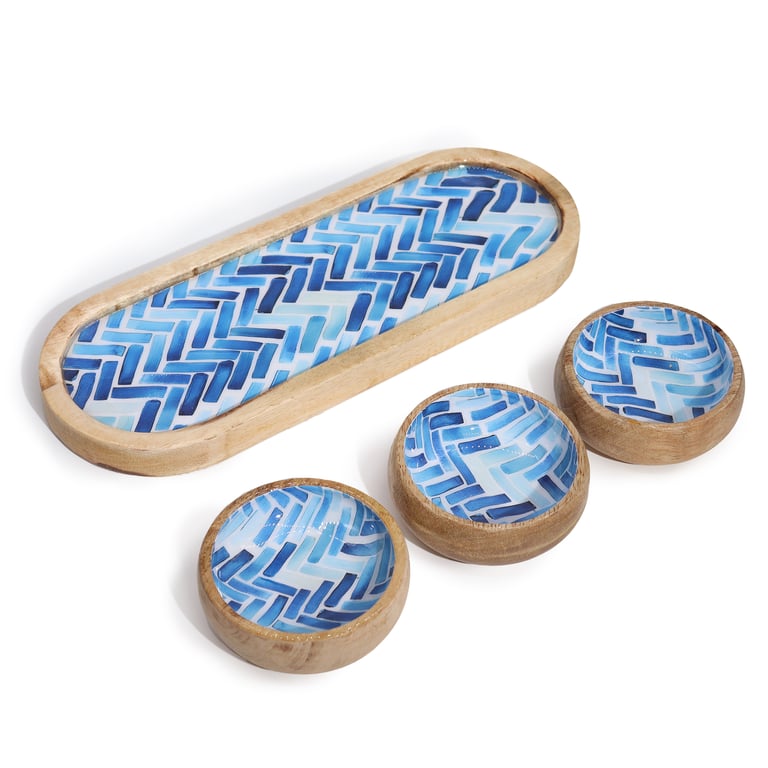 Mango Wood Serving Tray (3 Bowls) - Blue Striped Design