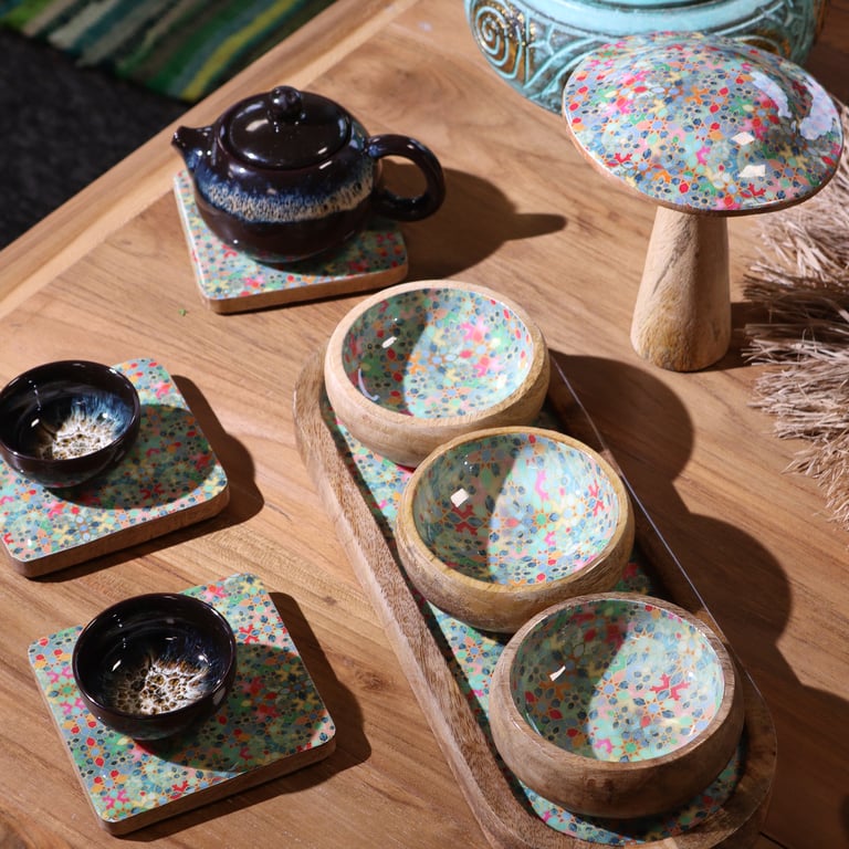 Mango Wood Serving Tray (3 Bowls) - Blue Striped Design