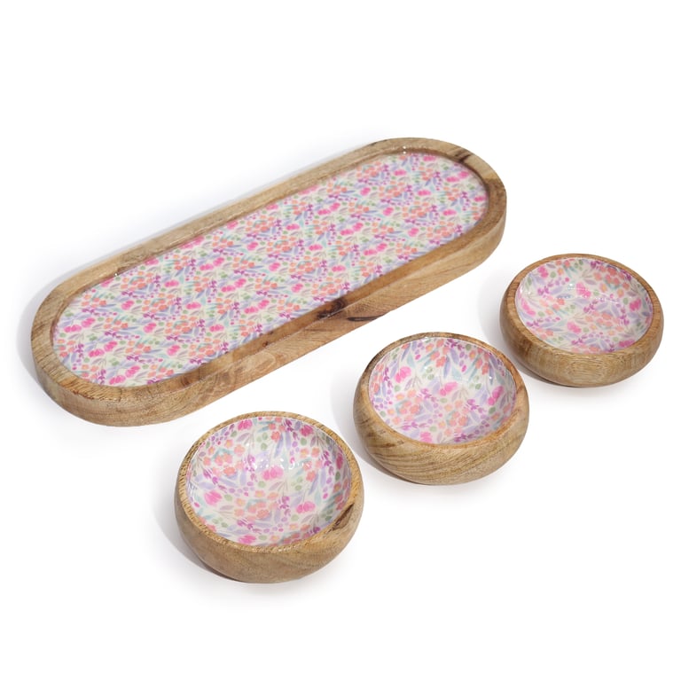 Mango Wood Serving Tray with 3 Bowls - Decorative Floral Design - Home Essentials