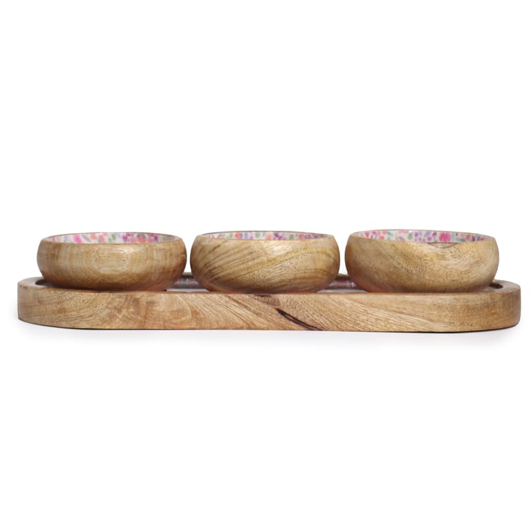 Mango Wood Serving Tray with 3 Bowls - Decorative Floral Design - Home Essentials