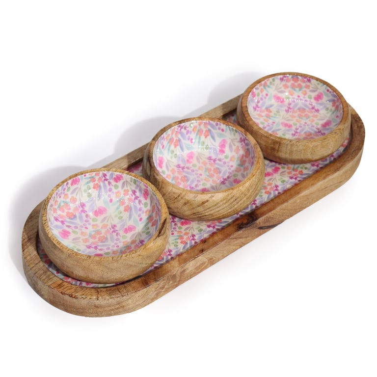 Mango Wood Serving Tray with 3 Bowls - Decorative Floral Design - Home Essentials