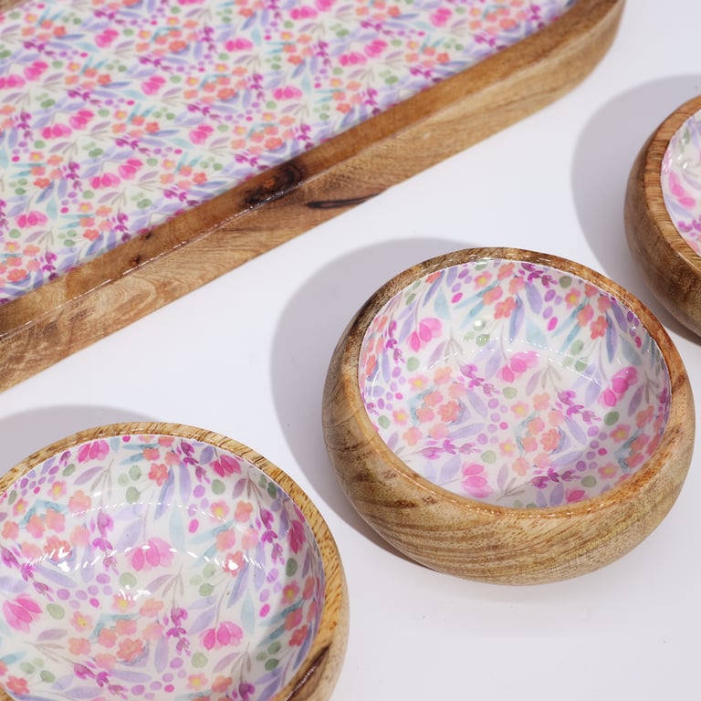 Mango Wood Serving Tray with 3 Bowls - Decorative Floral Design - Home Essentials