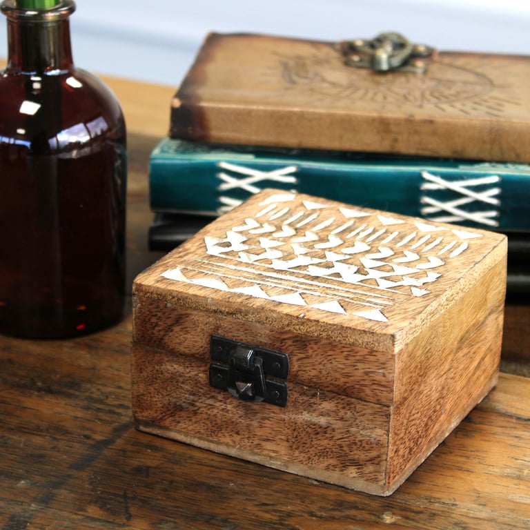 White Washed Wooden Box - 4x4 Aztec Design Rustic Storage Container