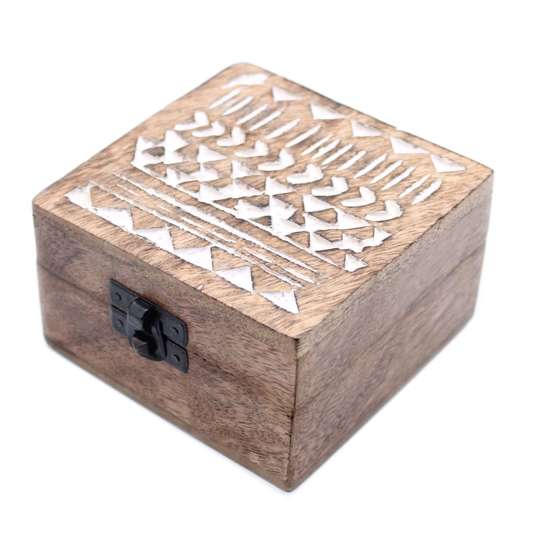 White Washed Wooden Box - 4x4 Aztec Design Rustic Storage Container