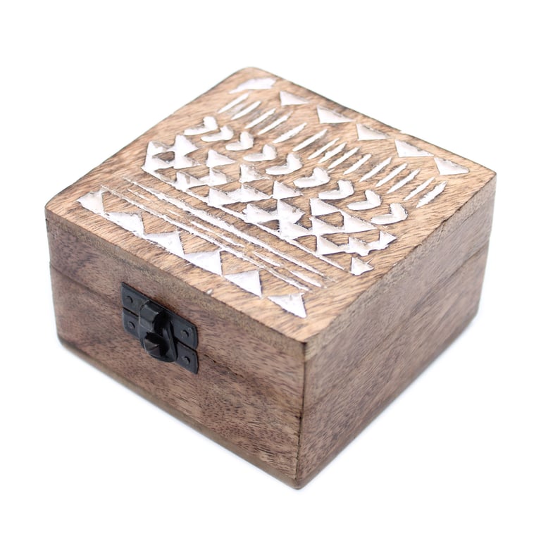 White Washed Wooden Box - 4x4 Aztec Design Rustic Storage Container