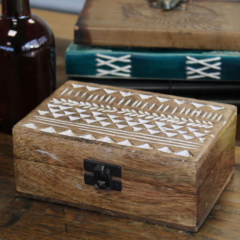 White Washed Wooden 6x4 Aztec Design Storage Box - Rustic Decor Accent