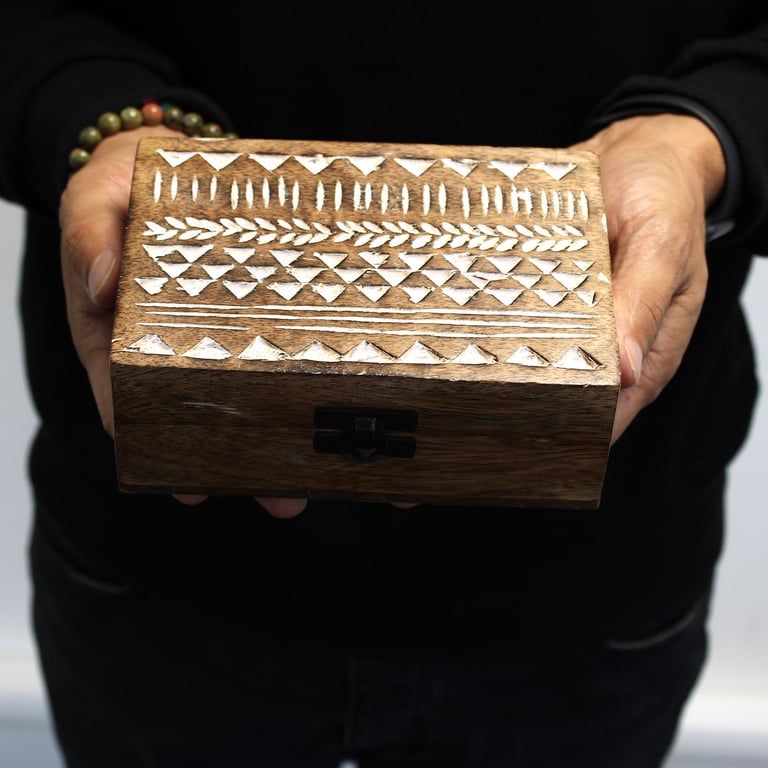 White Washed Wooden 6x4 Aztec Design Storage Box - Rustic Decor Accent