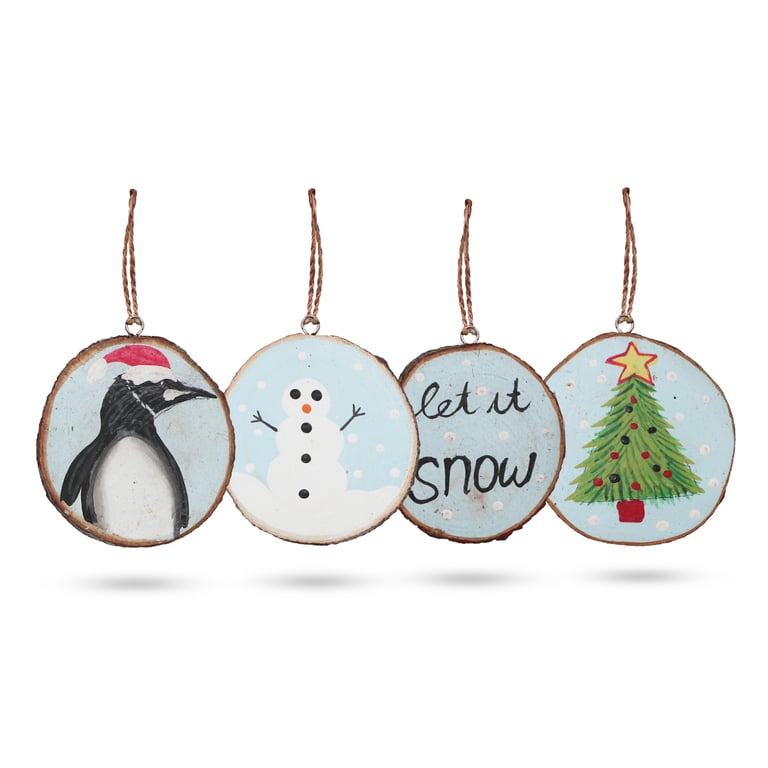 Hand Painted Log Christmas Decor Set of 4 - Unique Winter Snow Home Decor Ornaments