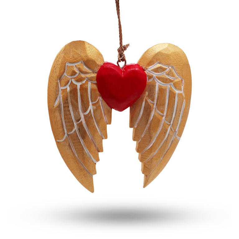 Gold Christmas Angel Wing & Heart Decoration with White Accent Details