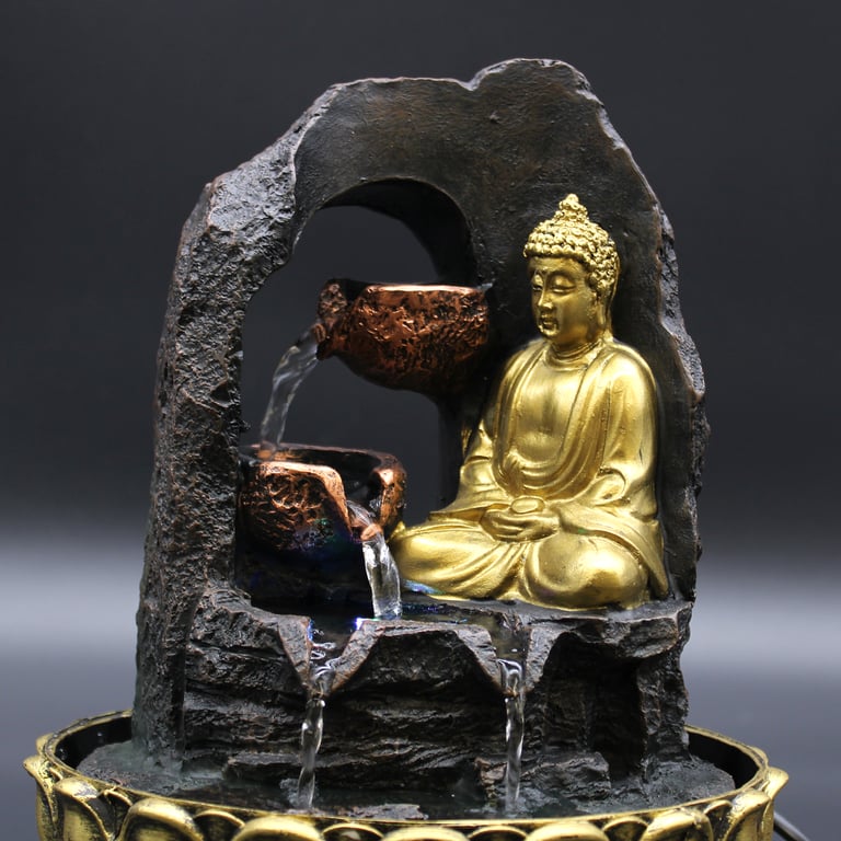 30cm Golden Meditating Buddha Tabletop Water Feature - Decorative Relaxation Focal Point
