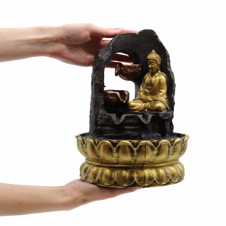 30cm Golden Meditating Buddha Tabletop Water Feature - Decorative Relaxation Focal Point