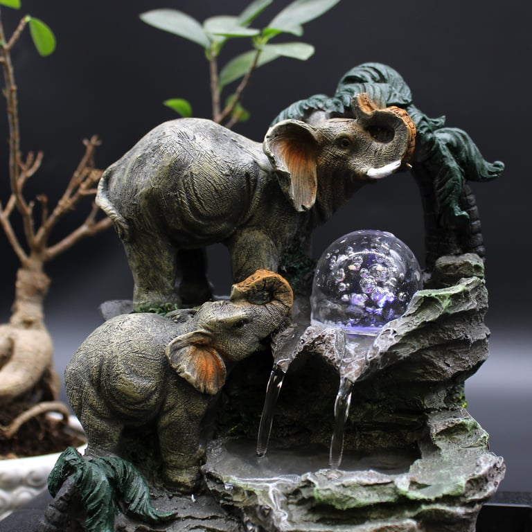 30cm Tabletop Water Feature (Elephant Family) - Tranquil Decorative Fountain