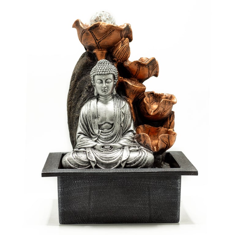 35cm Tabletop Water Feature (Silver Buddha Cascade & Crystal Ball) - Serene Home Decor
