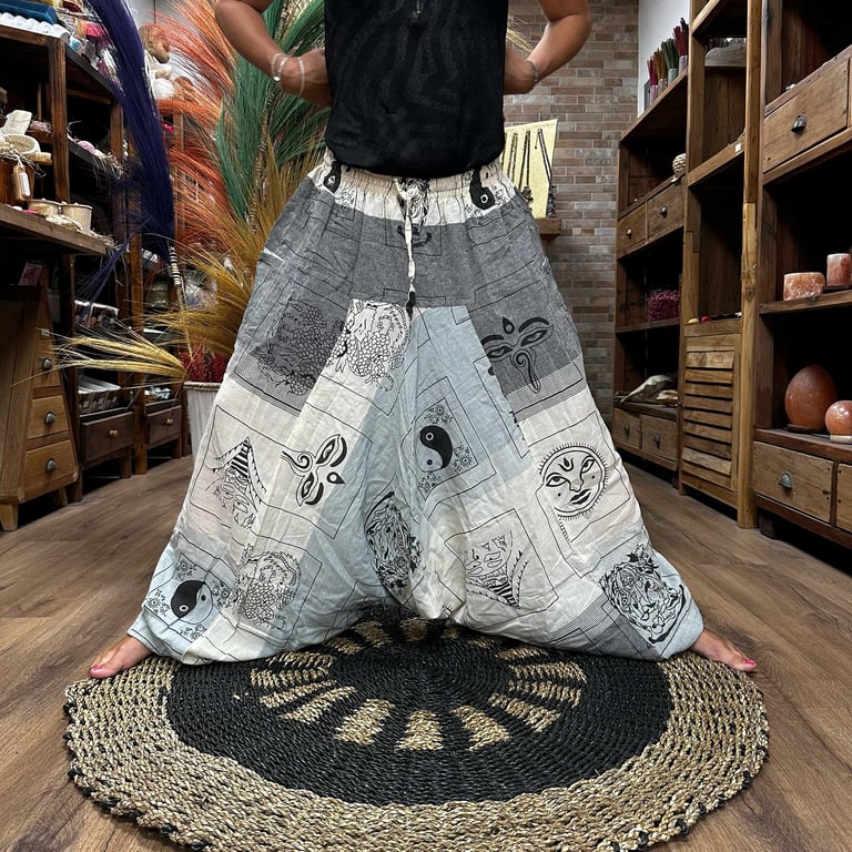 Grey Yoga Pants with Aladdin Himalayan Print - Festival Ready