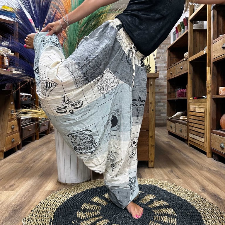 Grey Yoga Pants with Aladdin Himalayan Print - Festival Ready