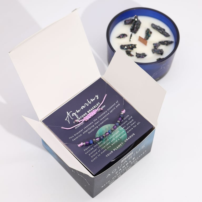 Zodiac Crystal Candle & Gemstone Bracelet Set - Aquarius (Zodiac Collection)