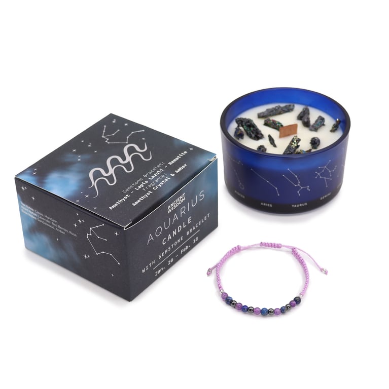 Zodiac Crystal Candle & Gemstone Bracelet Set - Aquarius (Zodiac Collection)
