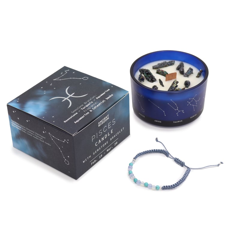 Zodiac Sign Candle (Pisces) Gemstone Bracelet Set - Zodiac Crystal Collection