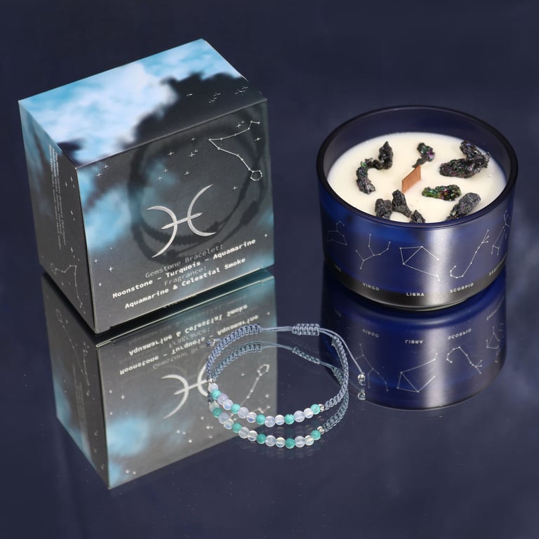 Zodiac Sign Candle (Pisces) Gemstone Bracelet Set - Zodiac Crystal Collection