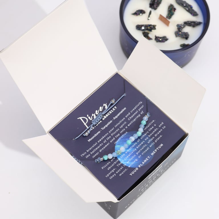 Zodiac Sign Candle (Pisces) Gemstone Bracelet Set - Zodiac Crystal Collection