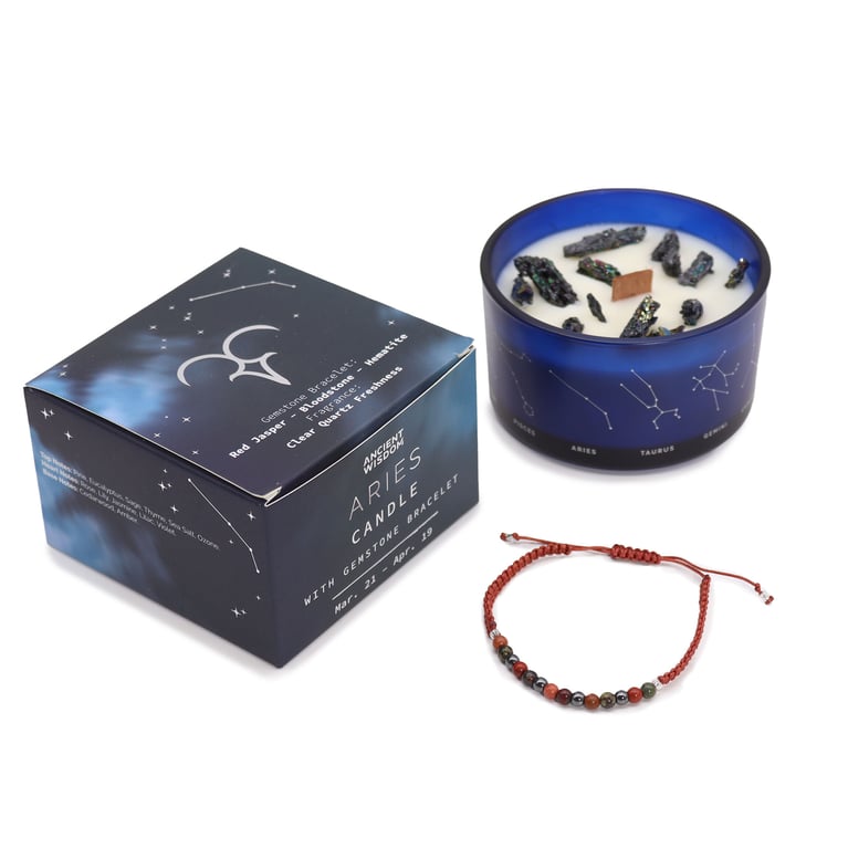 Zodiac Aries Crystal Candle & Gemstone Bracelet Set