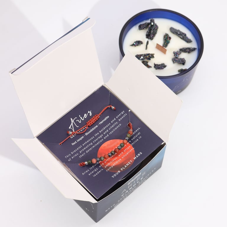 Zodiac Aries Crystal Candle & Gemstone Bracelet Set
