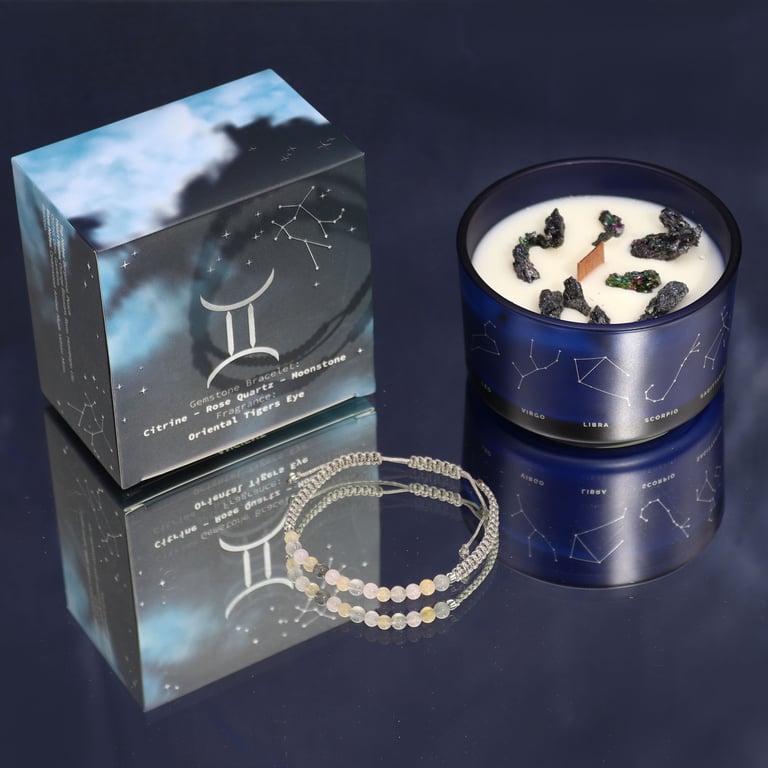 Zodiac Crystal Candle & Gemstone Bracelet (Gemini) - Aromatherapy & Jewelry Set