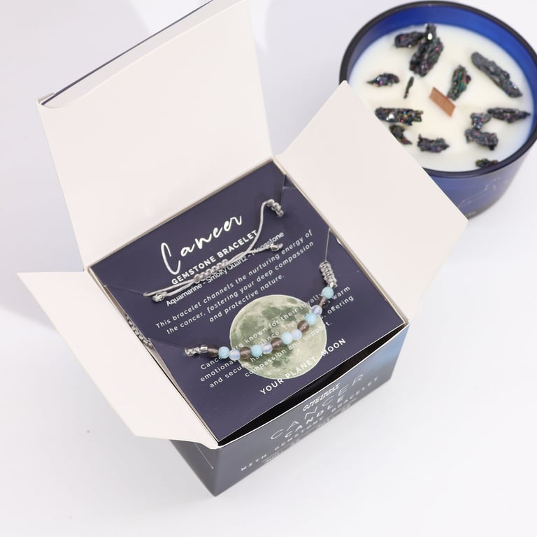 Zodiac Crystal Candle & Gemstone Bracelet (Cancer) - Aromatherapy & Jewelry Set