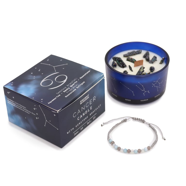 Zodiac Crystal Candle & Gemstone Bracelet (Cancer) - Aromatherapy & Jewelry Set