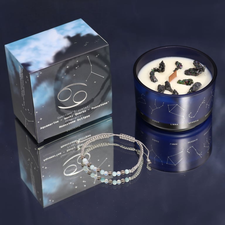 Zodiac Crystal Candle & Gemstone Bracelet (Cancer) - Aromatherapy & Jewelry Set