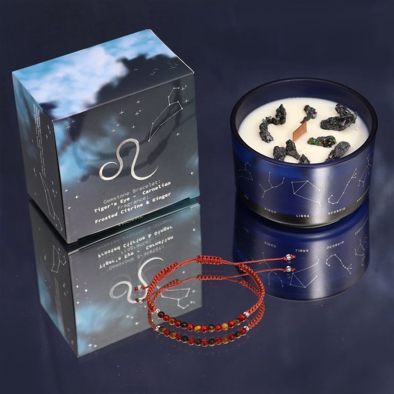 Zodiac Leo Crystal Candle & Gemstone Bracelet Set - Aromatherapy & Jewelry