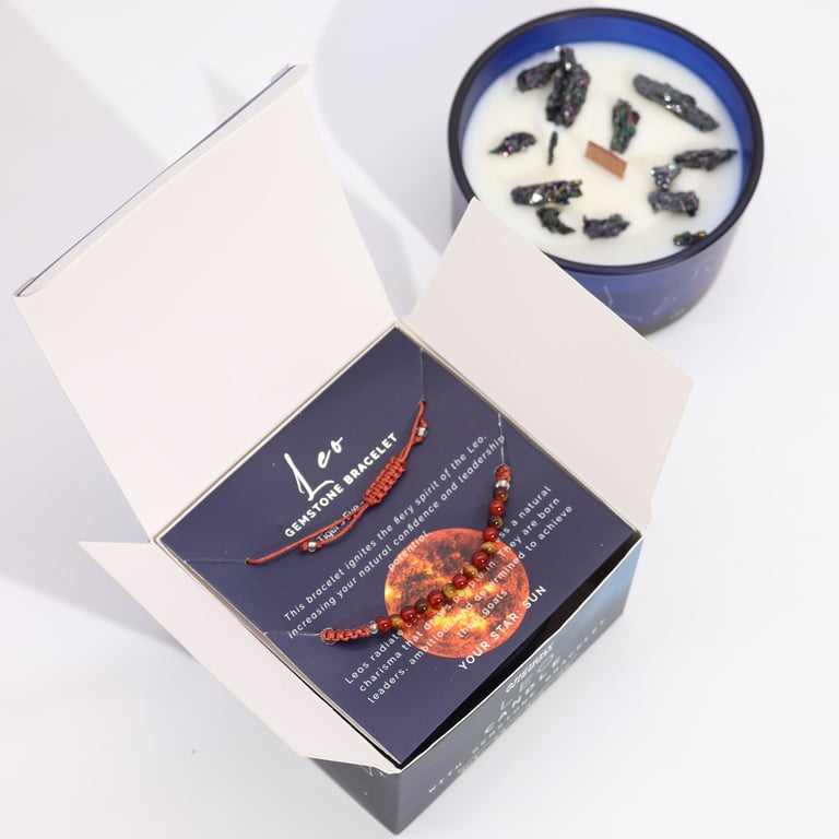 Zodiac Leo Crystal Candle & Gemstone Bracelet Set - Aromatherapy & Jewelry