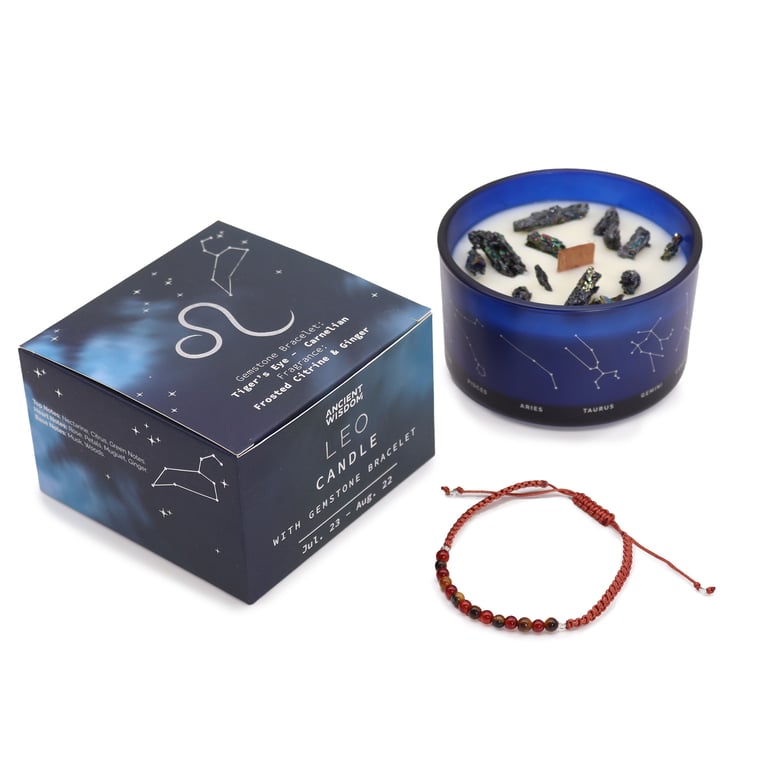 Zodiac Leo Crystal Candle & Gemstone Bracelet Set - Aromatherapy & Jewelry