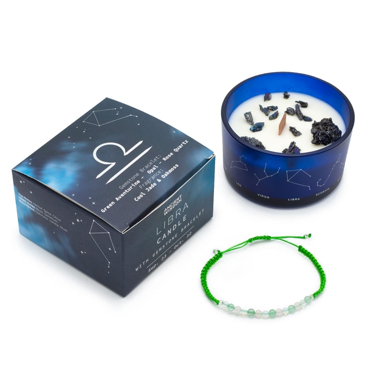 Zodiac Crystal Candle & Gemstone Bracelet (Libra) - Aromatherapy & Jewelry Set, Zodiac Collection
