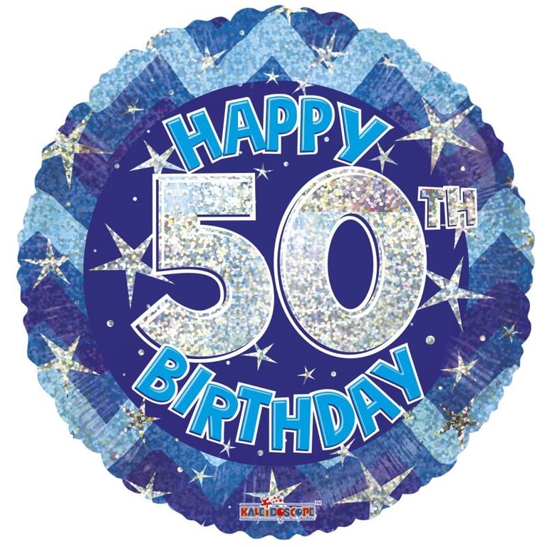 Blue Holographic 50th Anniversary Happy Birthday Balloon - 18 Inch Party Decoration