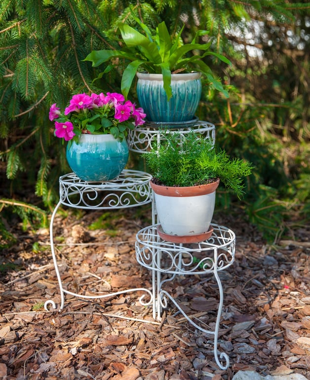 Distressed White French Country 3-Tier Scroll Plant Stand - Vintage Home Decor Stand