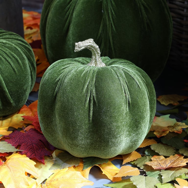 Small Green Velvet Pumpkin with Glittering Gold Stem - Fall Home Decor Decoration