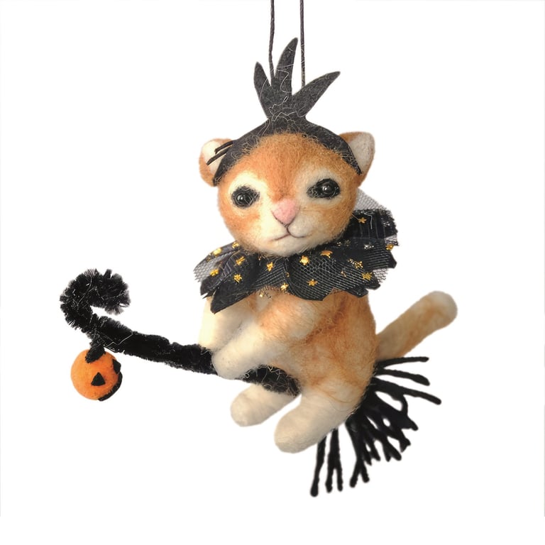 Felt Fancy Ginger Cat Broomstick Hanging Decoration Home Decor Ornament
