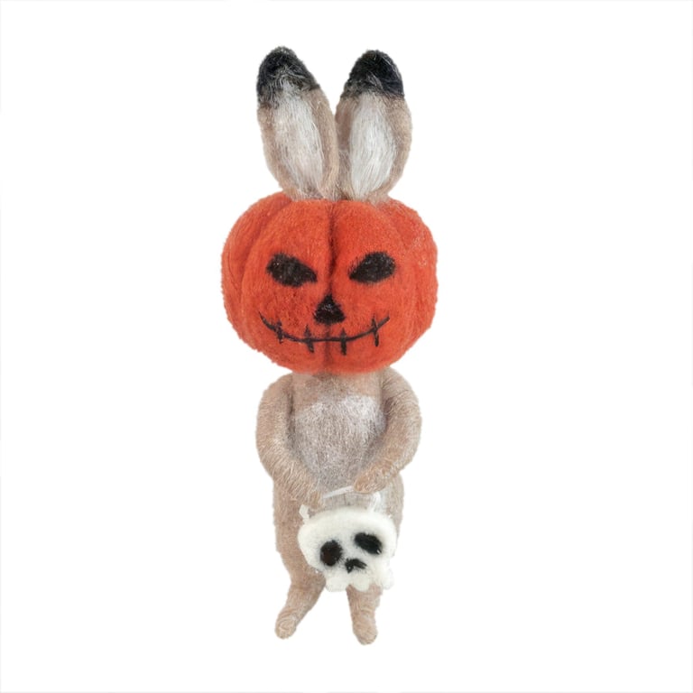 Felt Rabbit with Pumpkin Mask and Skull Bag Hanging Decoration - Fall Home Accents