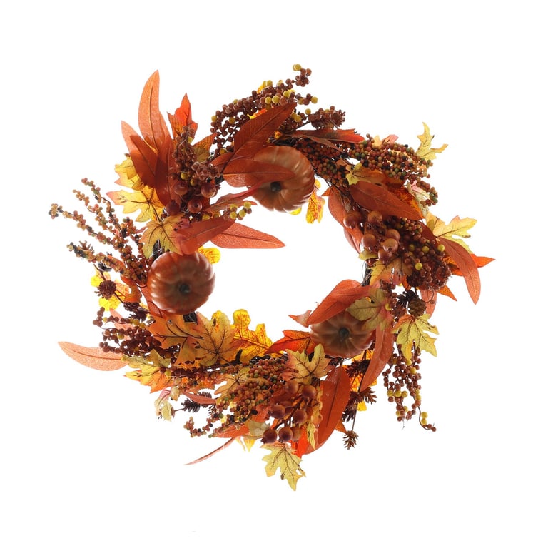 Autumn Rattan Wreath with Pumpkins and Berries - Orange Garden Decoration (60cm)