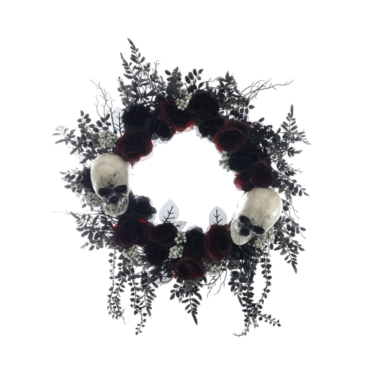 Halloween Wreath with Skull Decorations and Burgundy & Black Roses - 60cm Home Decor for Halloween Season