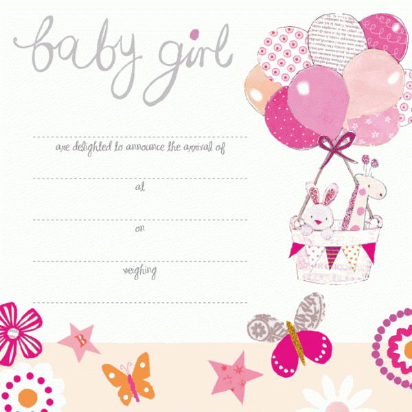 Baby Girl Birth Announcement Card - Whimsical Balloons & Butterfly Design