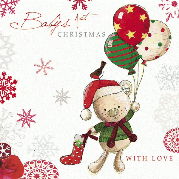 Teddy Bear Balloons - Babys 1st Christmas Greetings Card