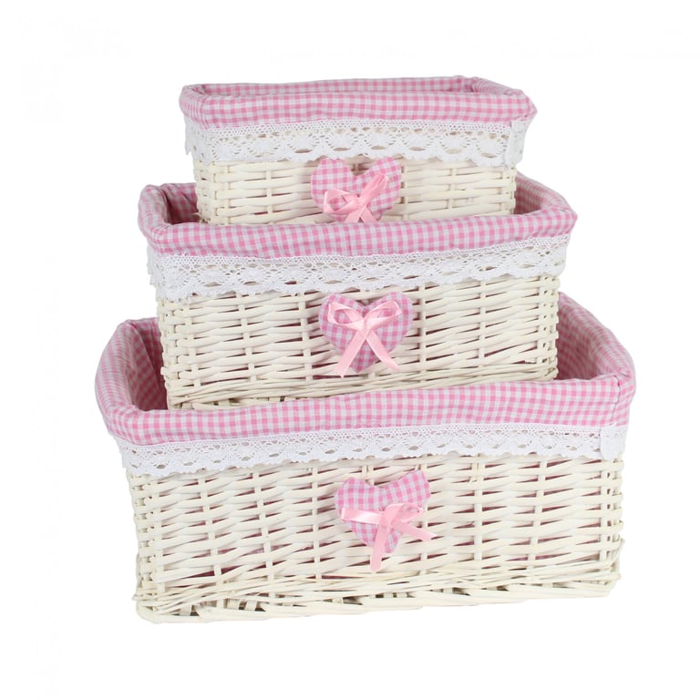 White Basket Set with Pink Liner - Woven Home Decor Laundry Storage Basket