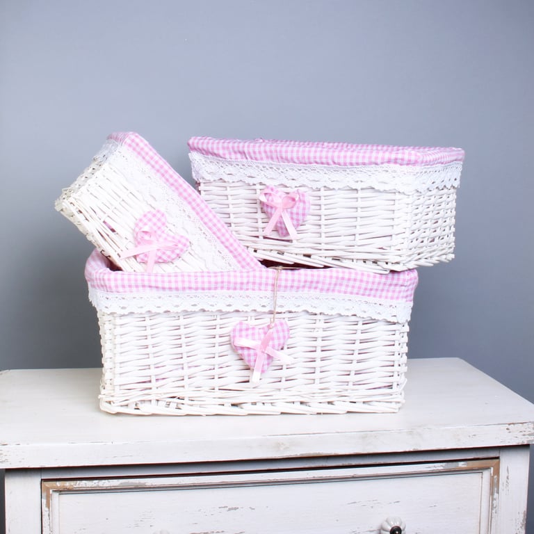 White Basket Set with Pink Liner - Woven Home Decor Laundry Storage Basket