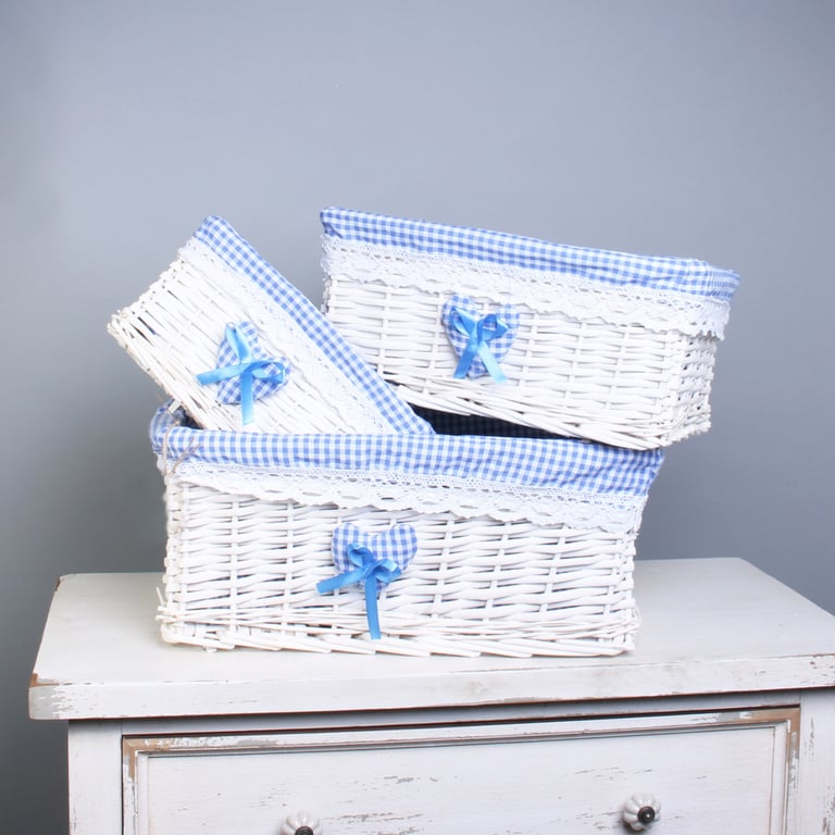 White Basket Set with Blue Liner - Indoor Storage Solution for Home Decor and Kitchen Organization
